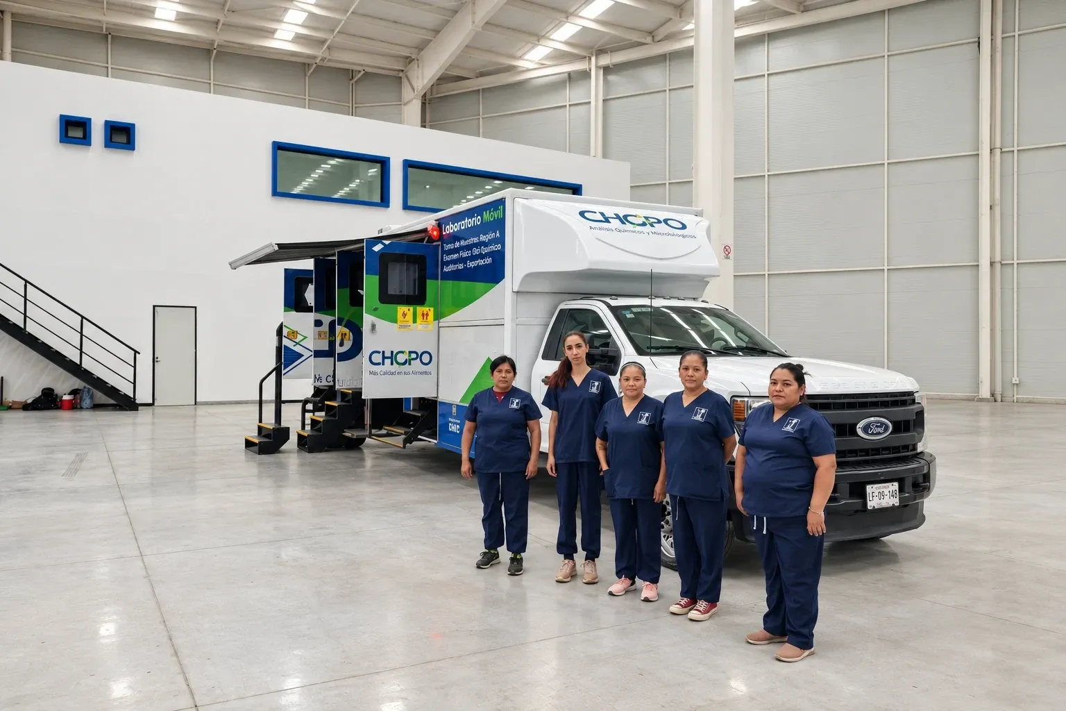 Equipo de Grupo Lyon con uniforme junto a la unidad móvil de una cadena de laboratorios