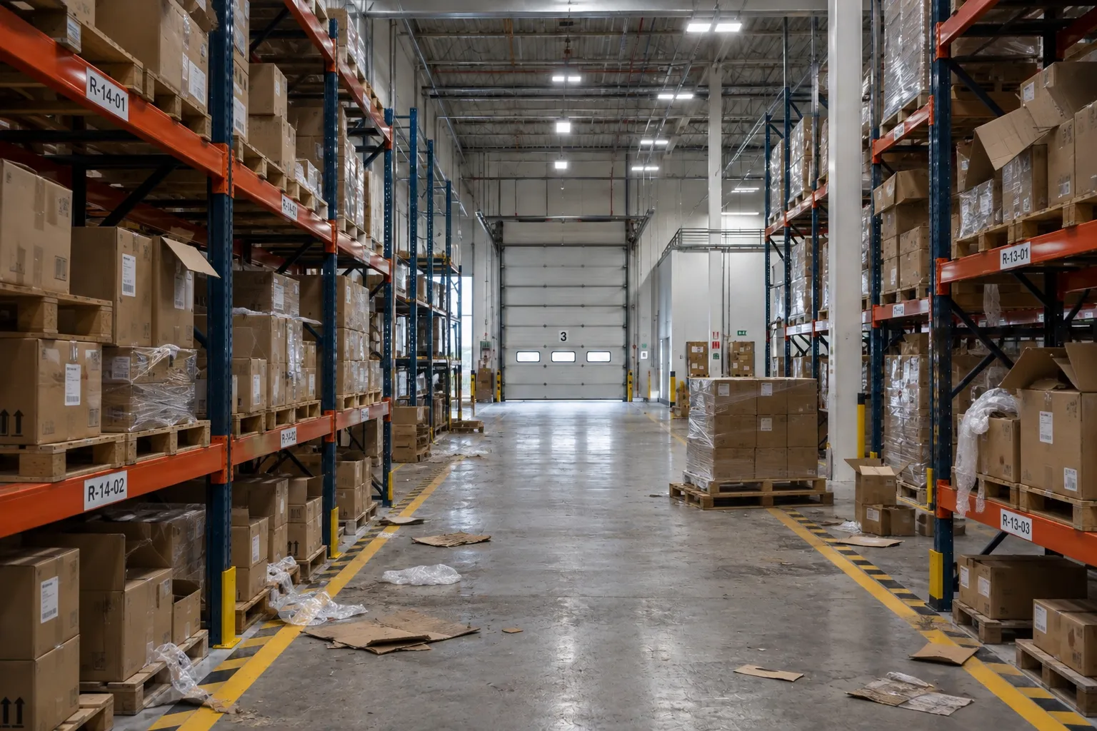 Nave industrial con racks y andén de carga, con residuos y desorden sobre el piso