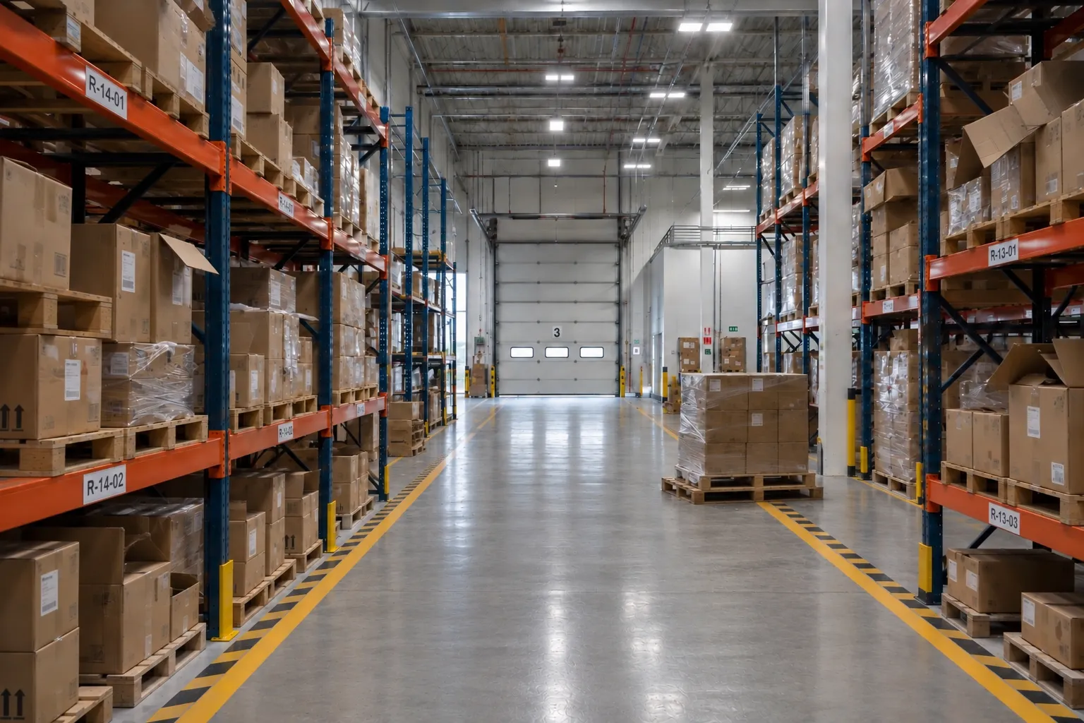 Nave industrial limpia y ordenada, con racks y andén de carga despejados