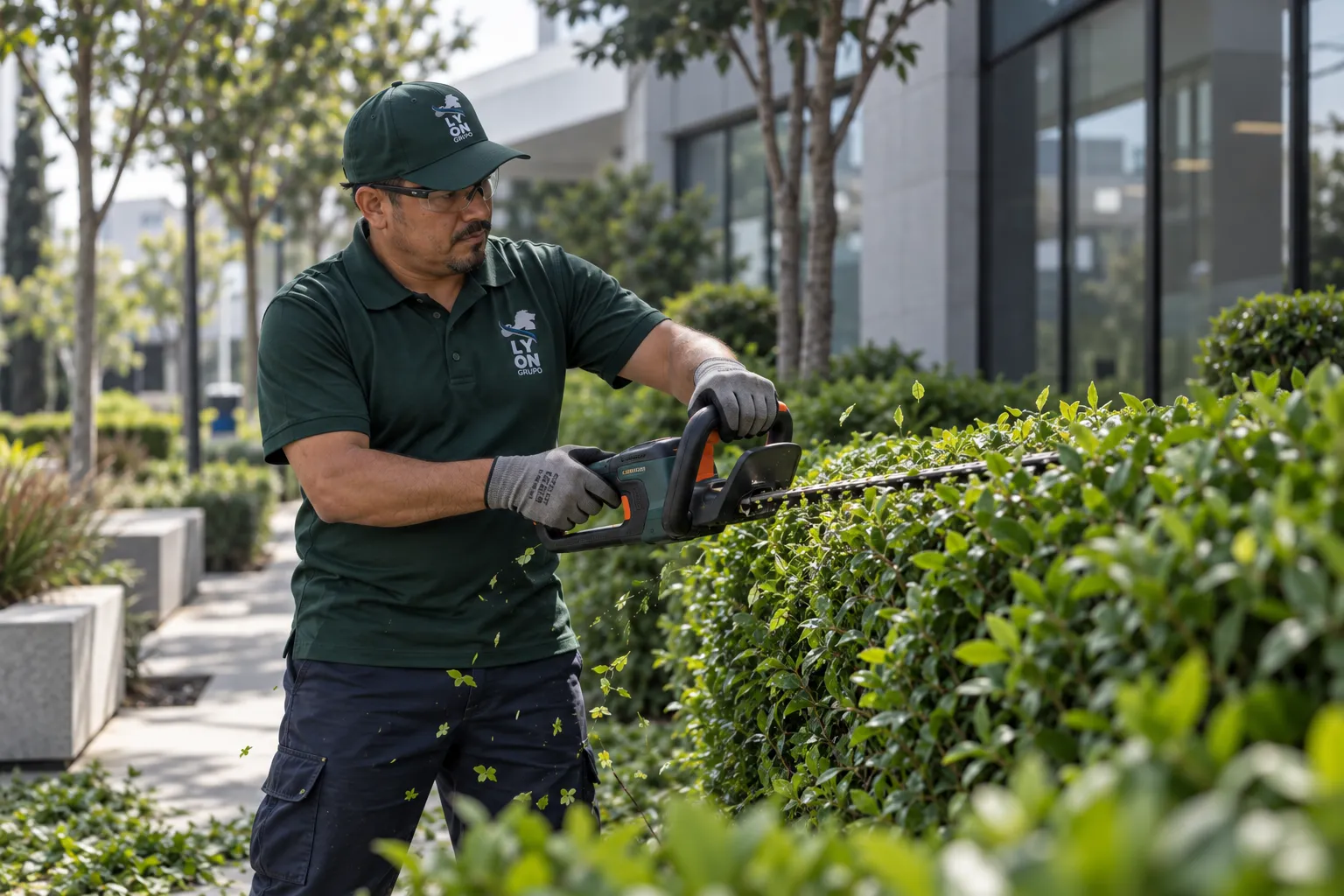 Jardinero de Grupo Lyon podando un seto en un jardín corporativo