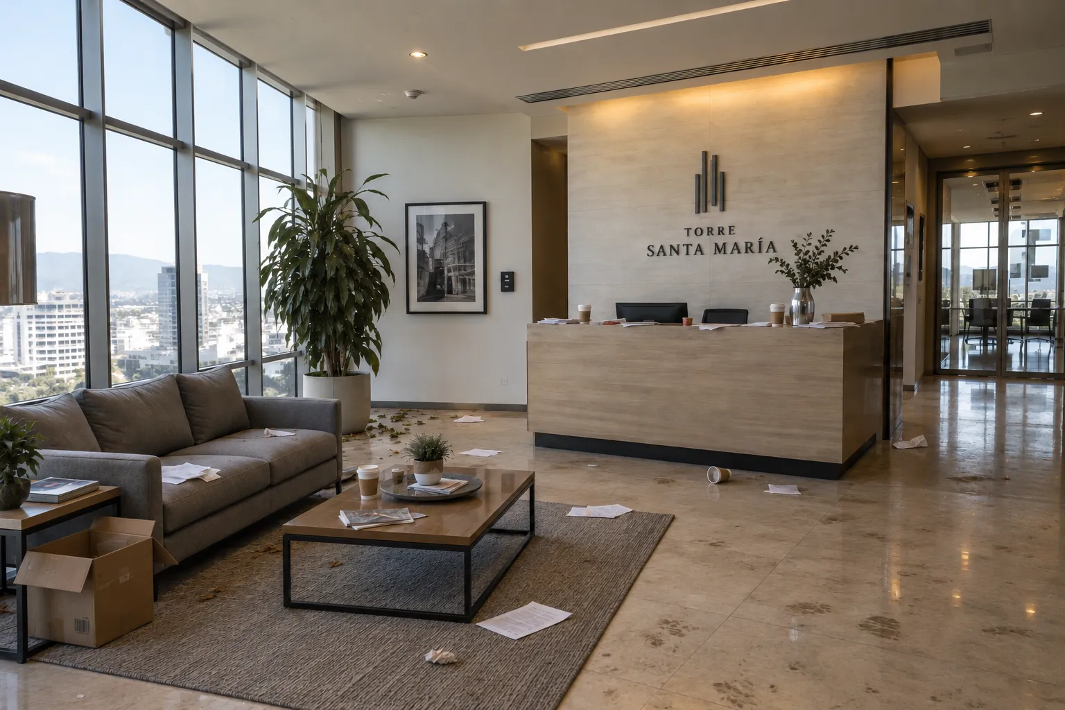 Recepción de oficina corporativa con papeles y objetos desordenados sobre el escritorio y el piso