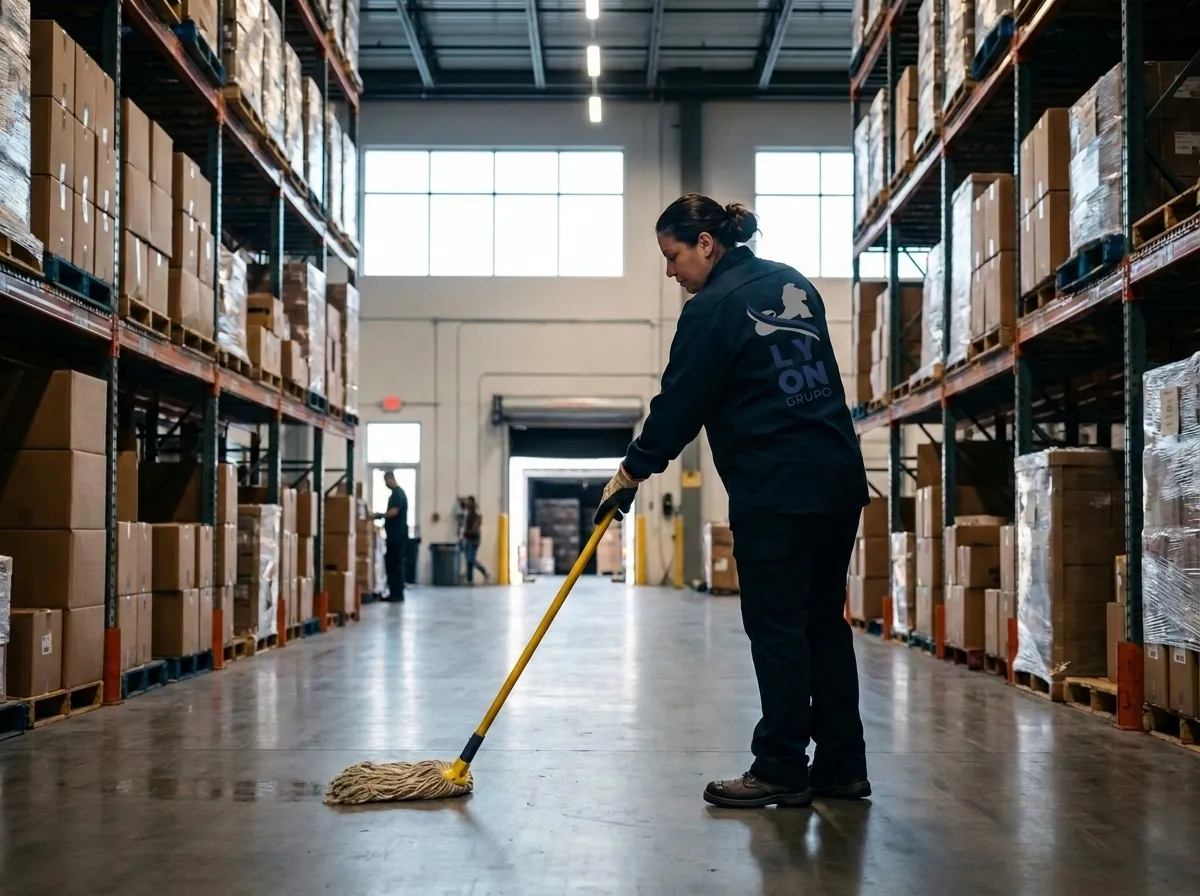 Personal de limpieza trapeando el piso de un almacén industrial