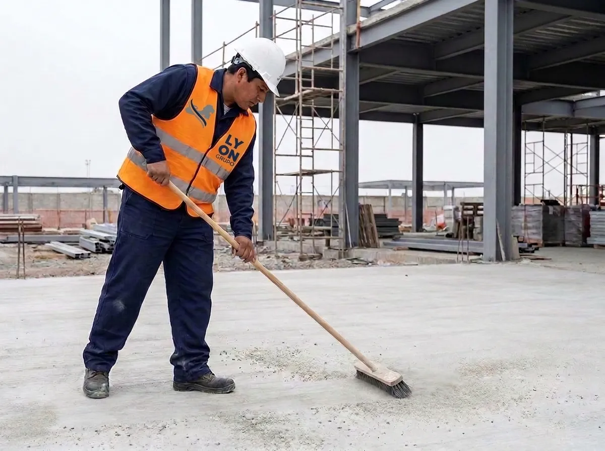 Personal de limpieza barriendo concreto en una obra de construcción