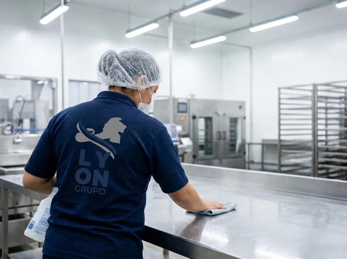 Personal de limpieza sanitizando superficie de acero inoxidable en planta de alimentos